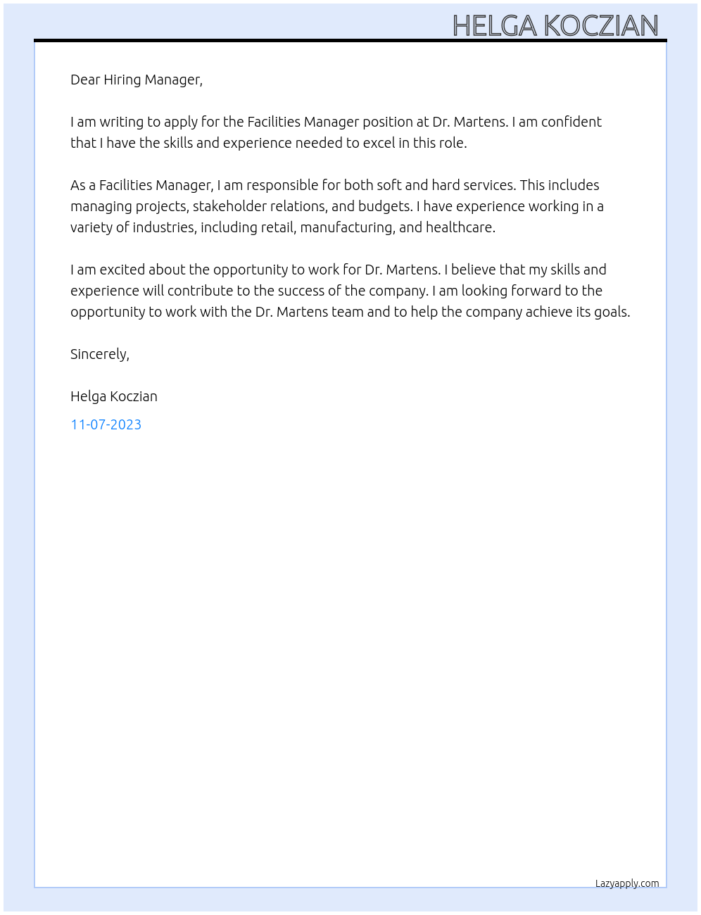 Facilities manager  At Dr Martens  Cover Letter