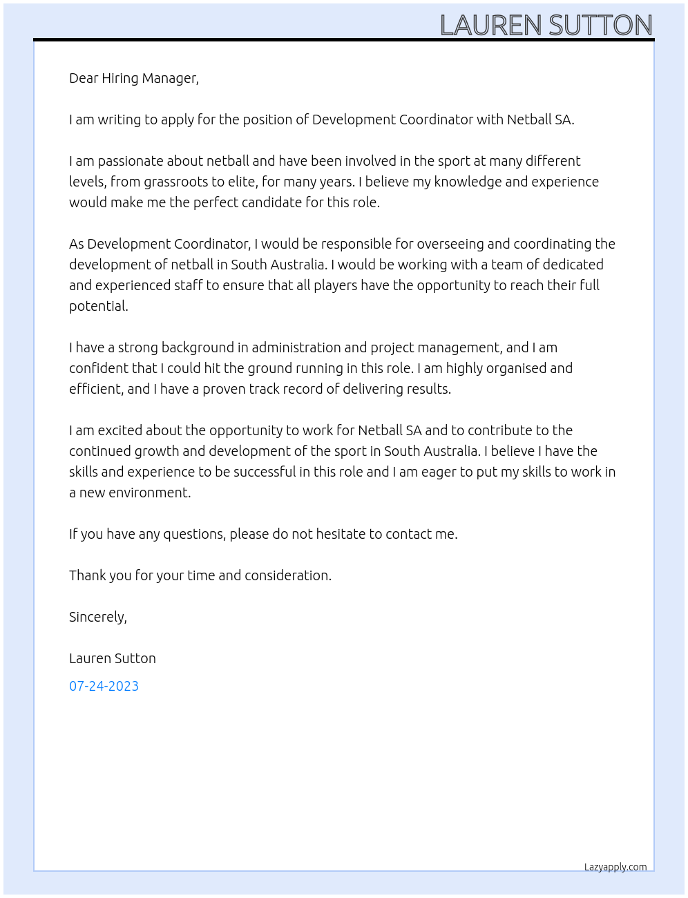 Development Coordinator At Netball SA Cover Letter