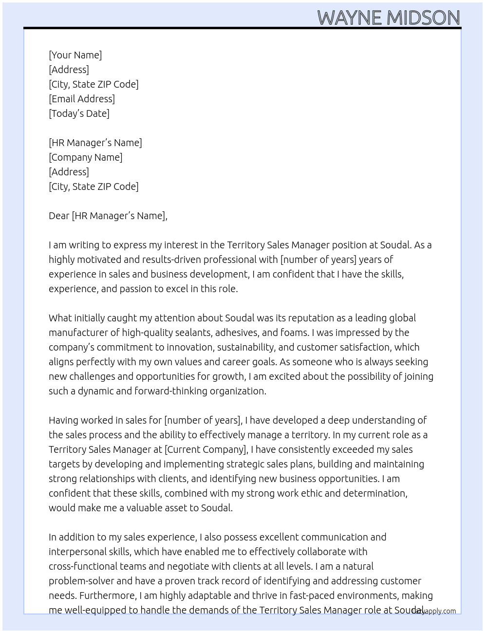 Territory Sales Manager At soudal Cover Letter