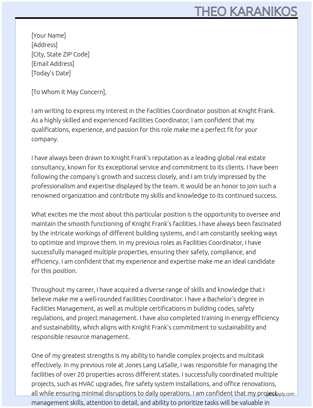 Facilities Coordinator At Knight Frank Cover Letter