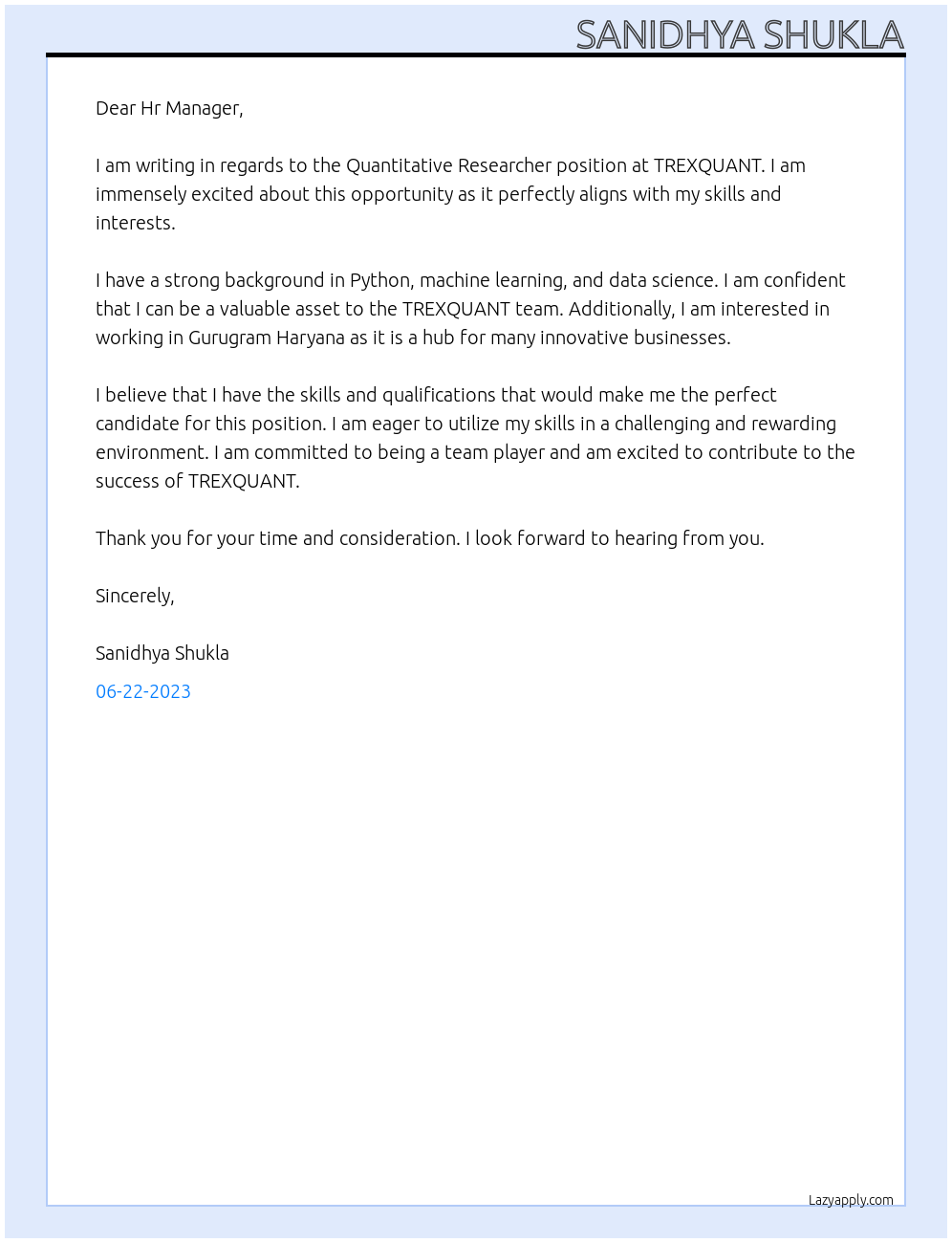 Quantitative Researcher At TREXQUANT Cover Letter