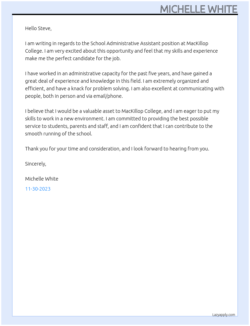 School Administrative Assistant At MacKillop College Cover Letter