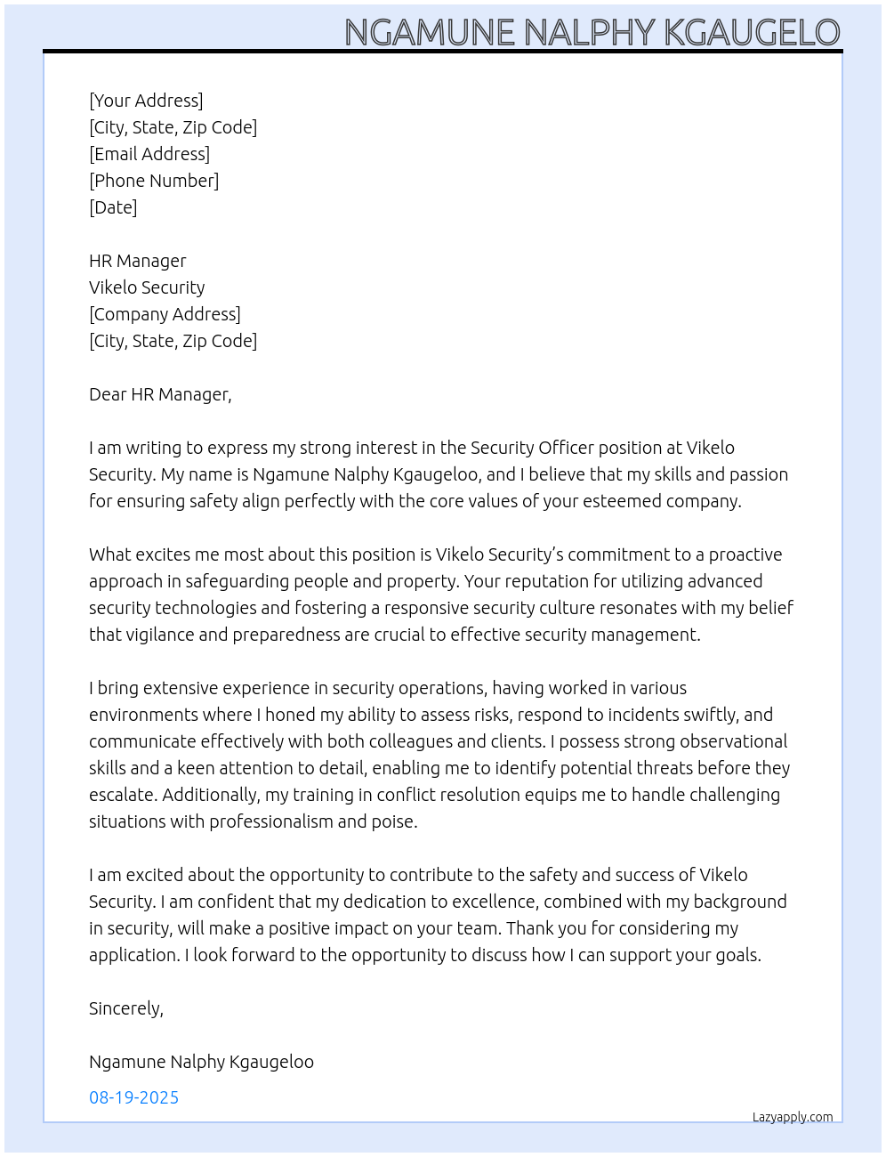 SECURITY OFFICER At VIKELO SECURITY Cover Letter