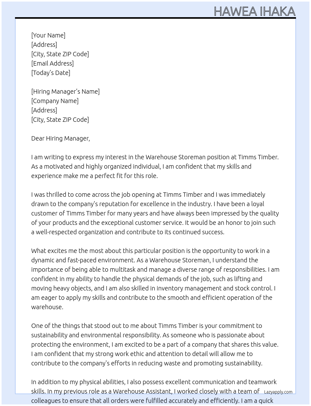 Warehouse Storeman At Timms Timber Cover Letter