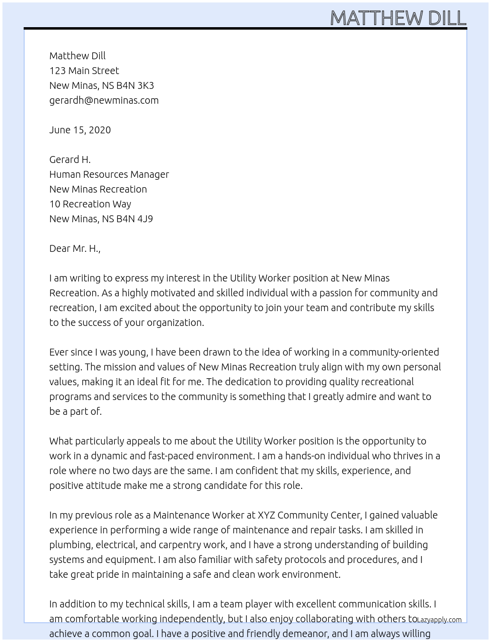 utility worker At new minas recreation Cover Letter