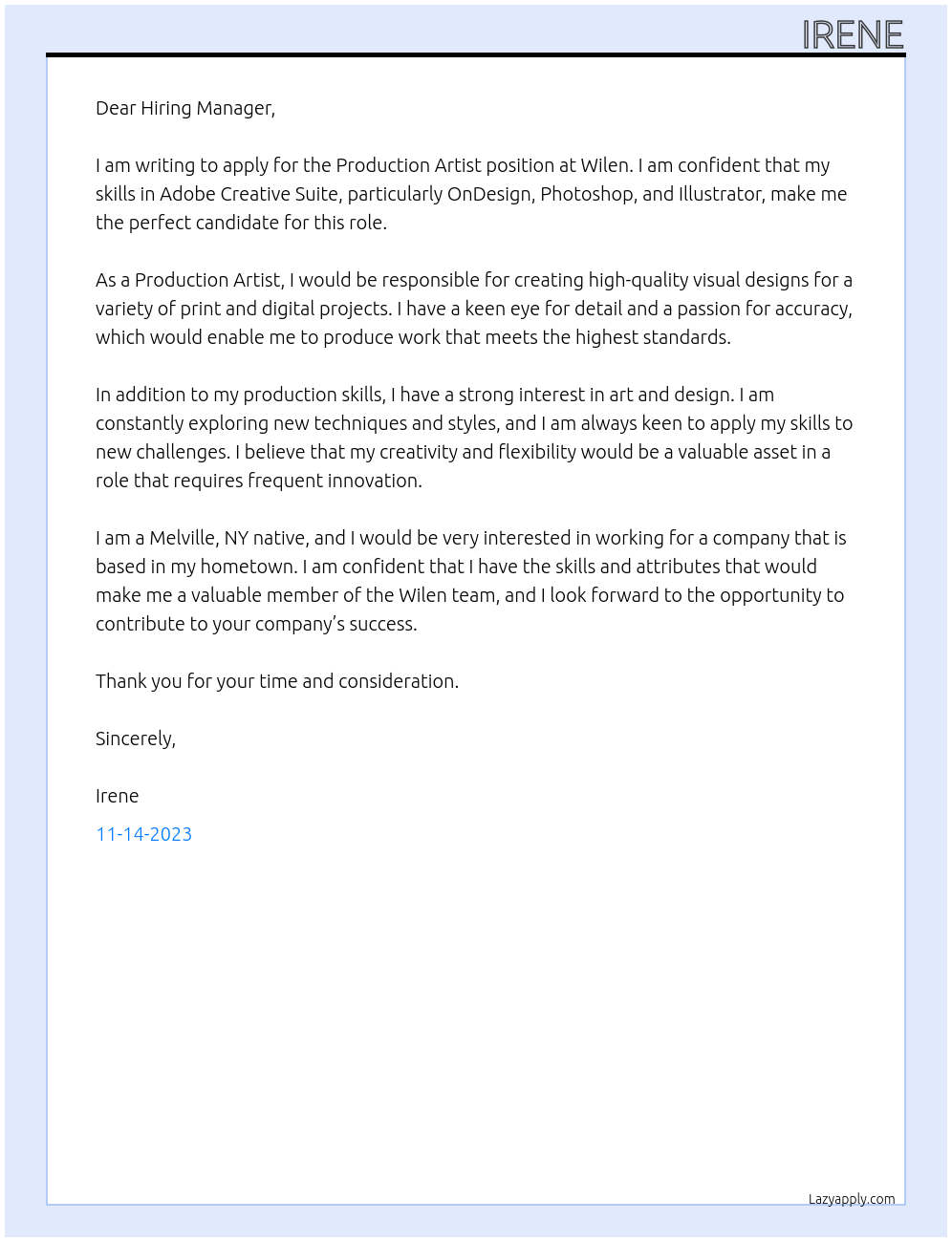 Production artist At Wilen Cover Letter