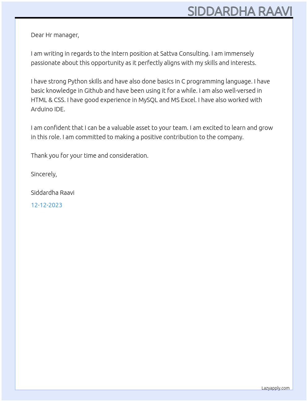 Intern At Sattva Consulting Cover Letter