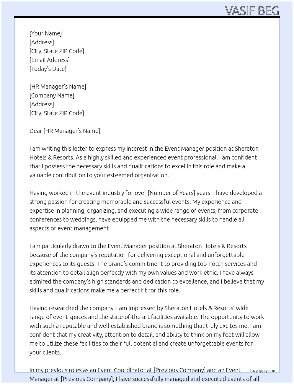 Event Manager At Sheraton Hotels & Resorts Cover Letter