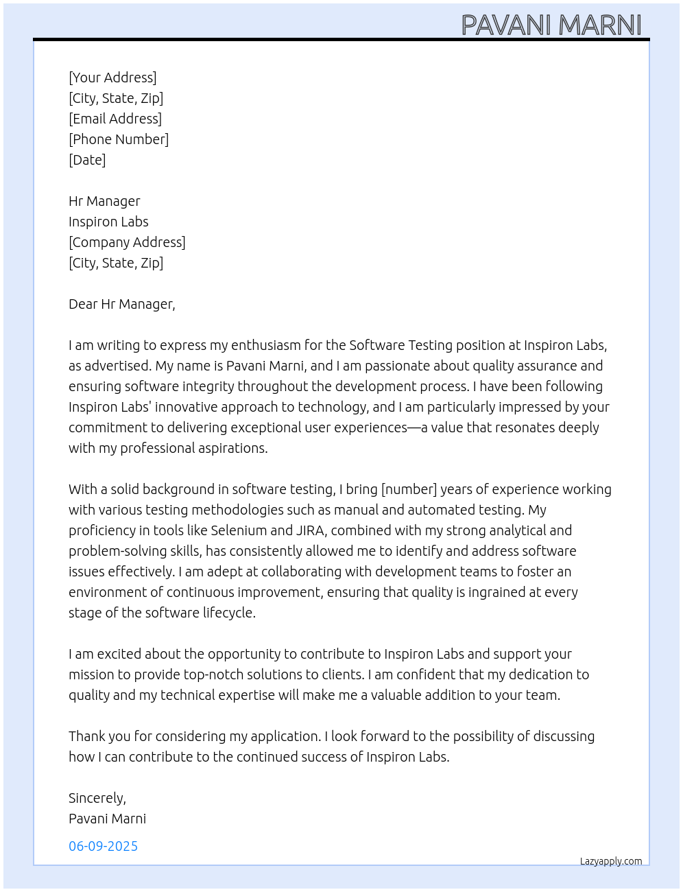 Cover letter for software testing - LazyApply