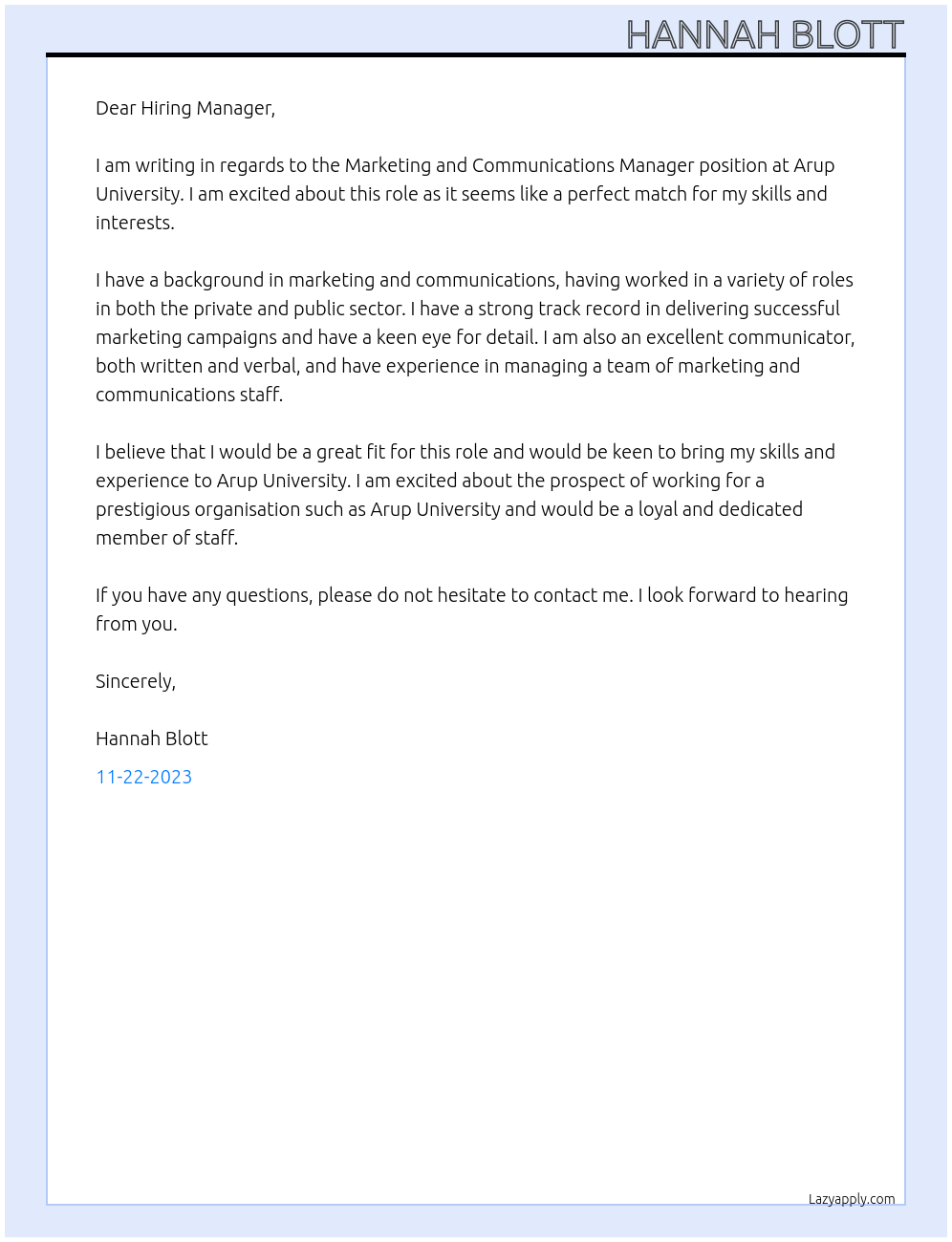 Marketing and Communications Manager  At Arup University Cover Letter