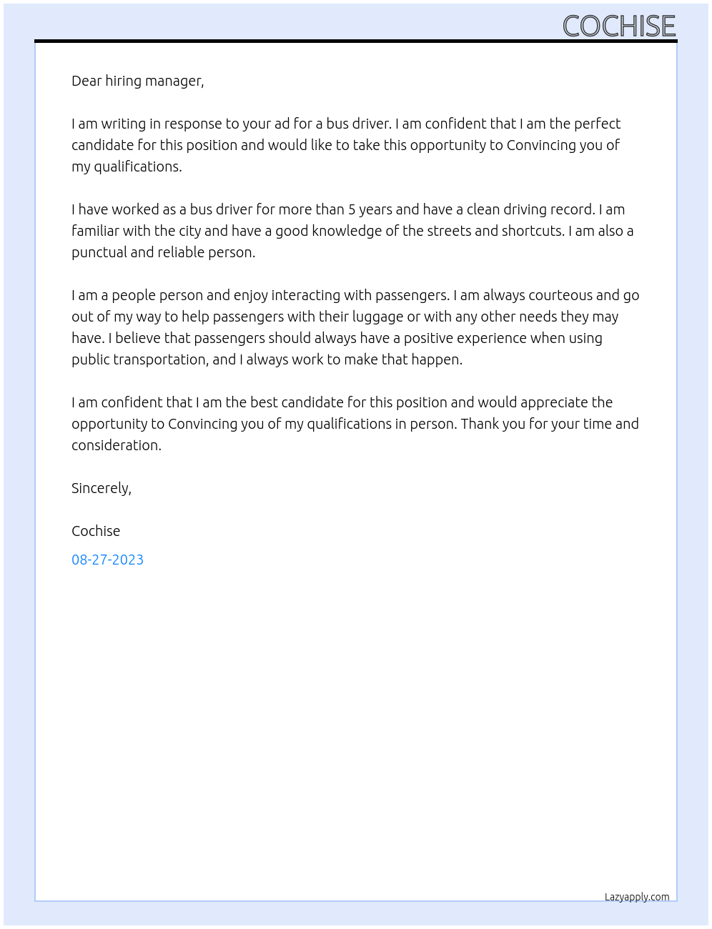 bus driver At Go Bus Cover Letter