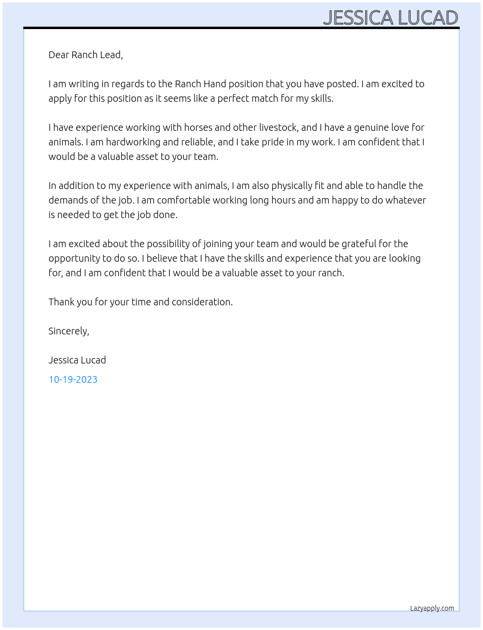 Ranch Hand At Ranch  Cover Letter