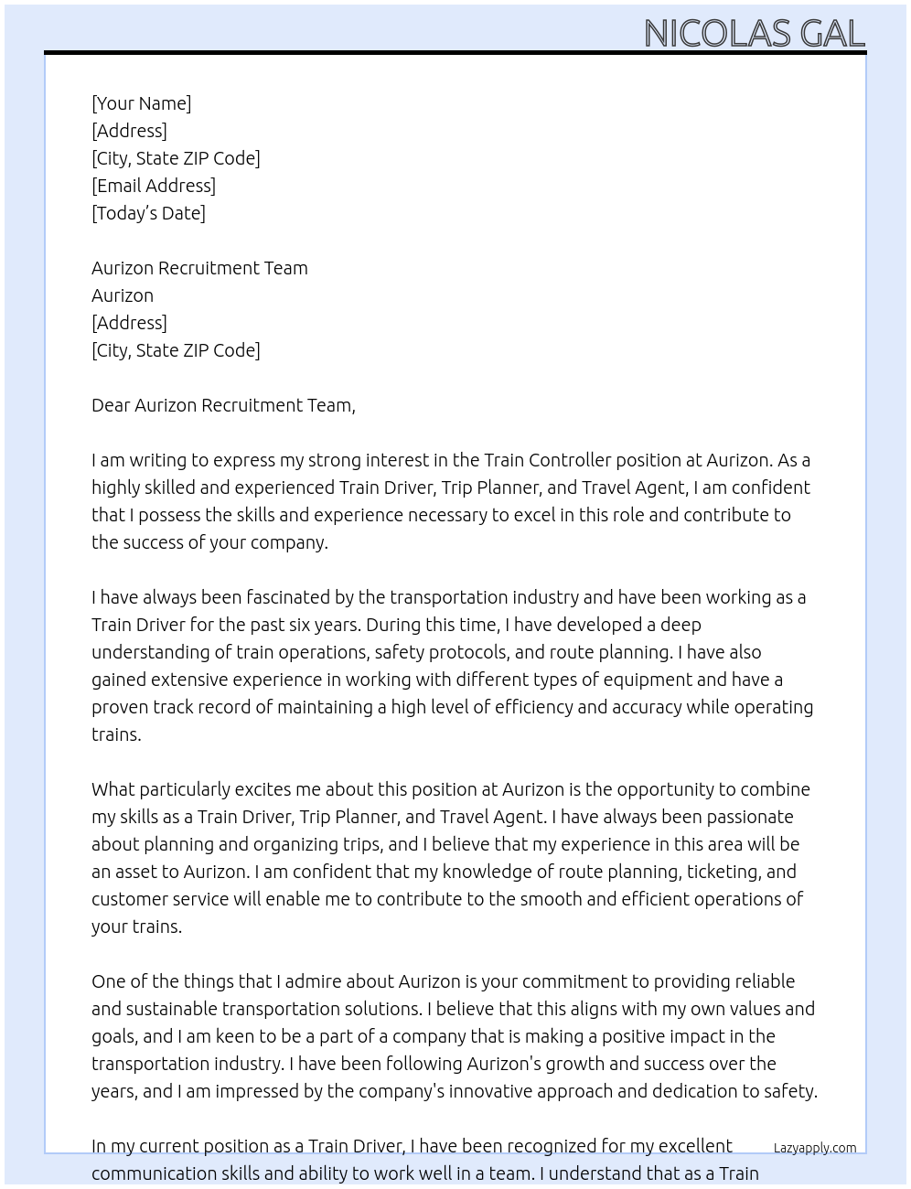 Train controller At Aurizon  Cover Letter