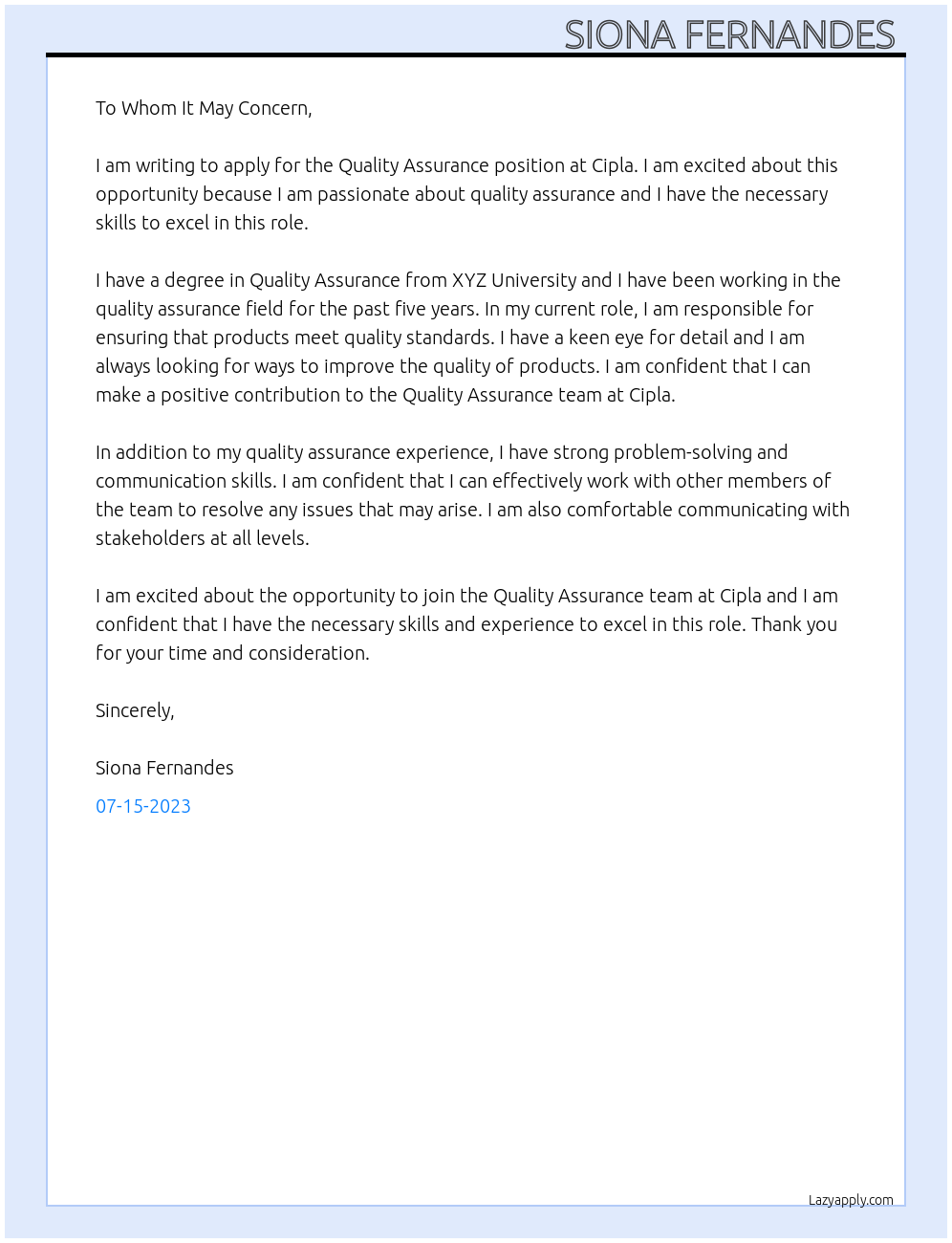 Quality Assurance At Cipla  Cover Letter