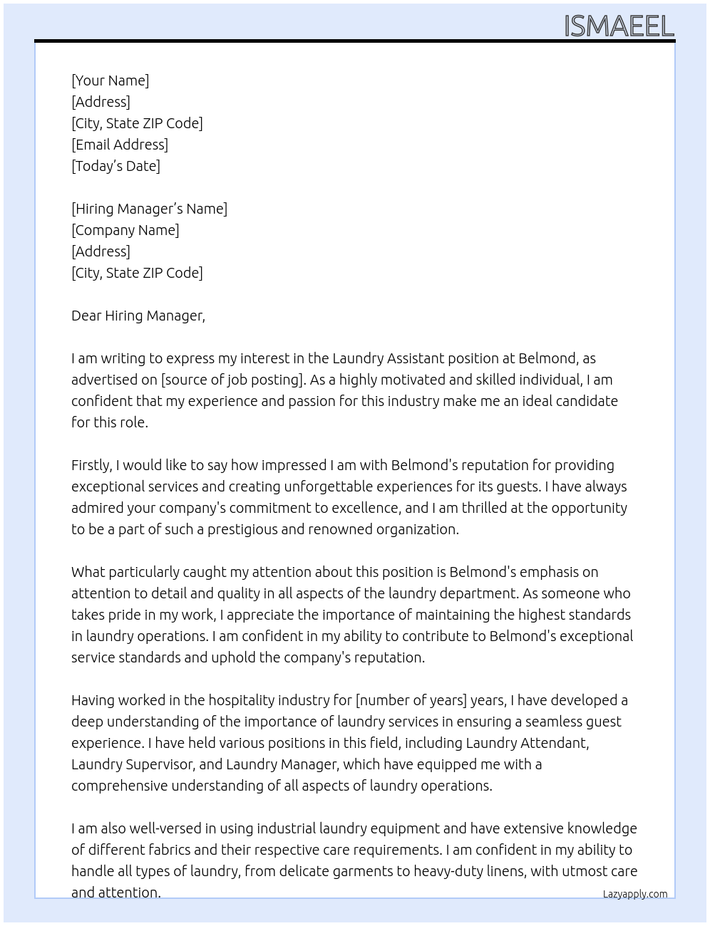 Laundry Assistant At Belmond Cover Letter