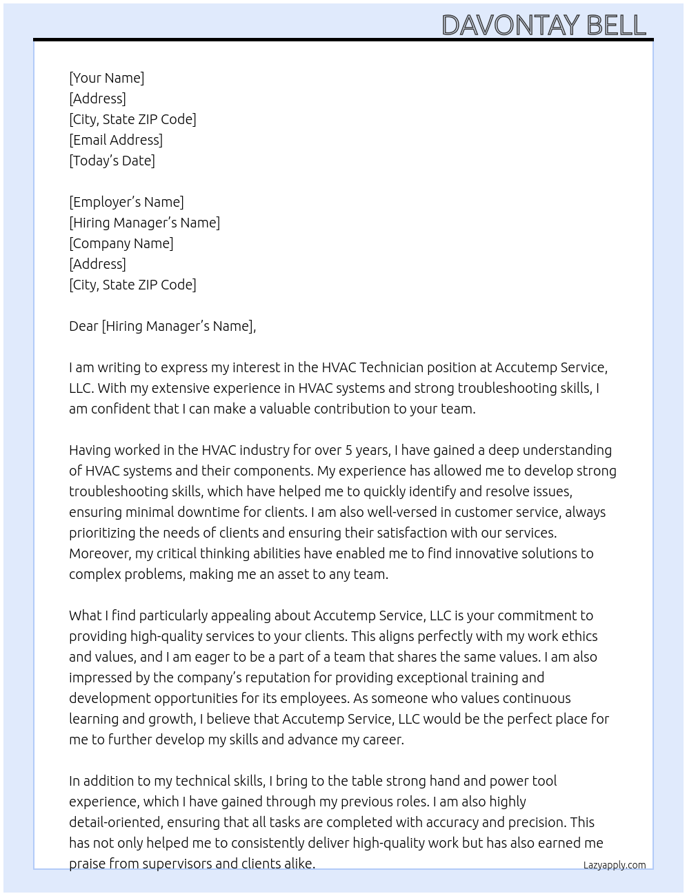 Hvac technician At Accutemp service, LLC Cover Letter