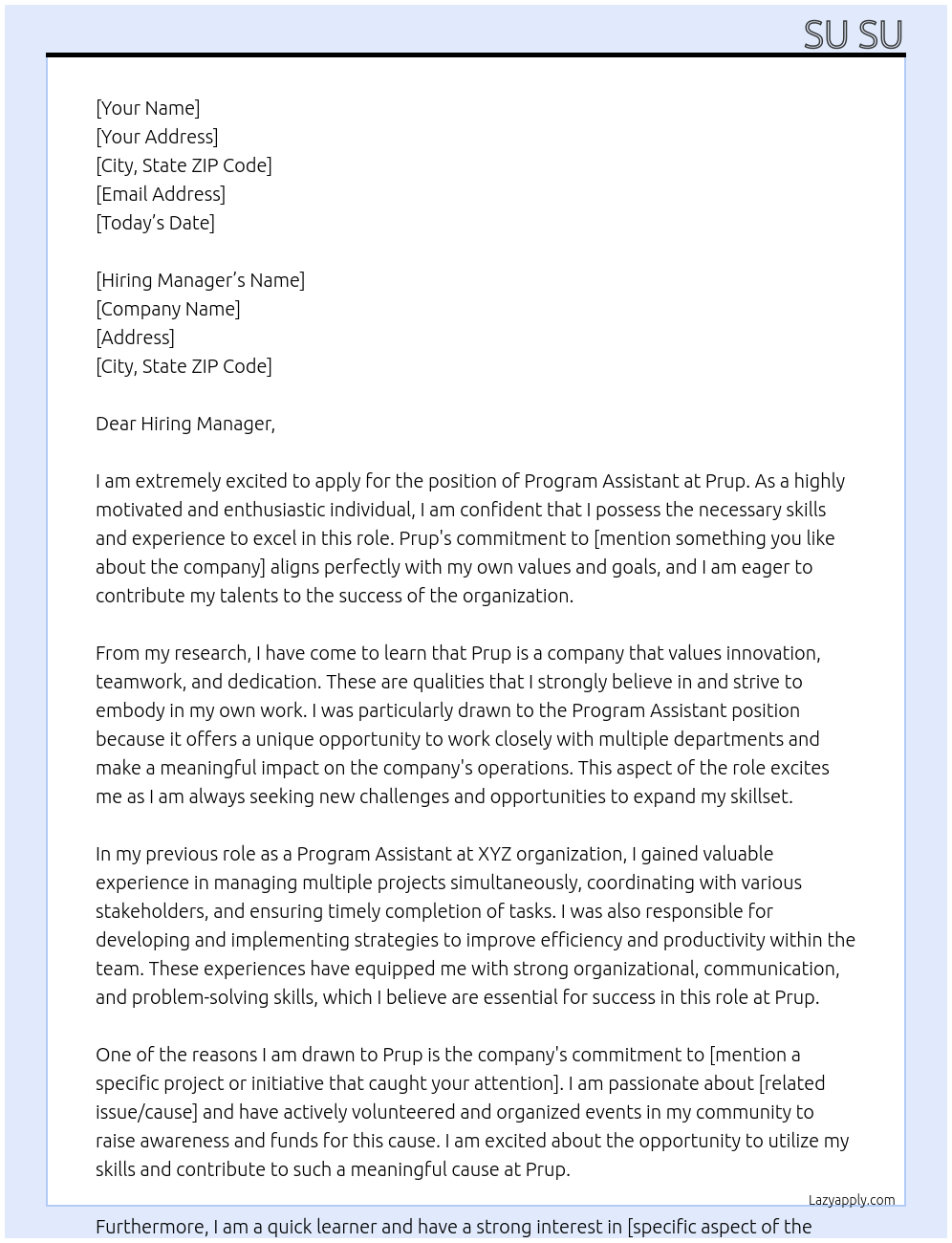 Program Assistant At Prup Cover Letter