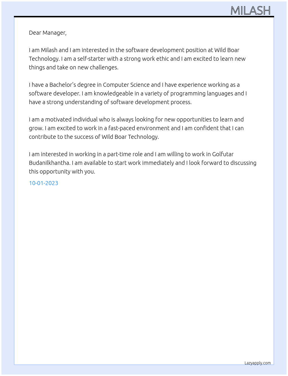 Software development At Wild Boar Technology Cover Letter
