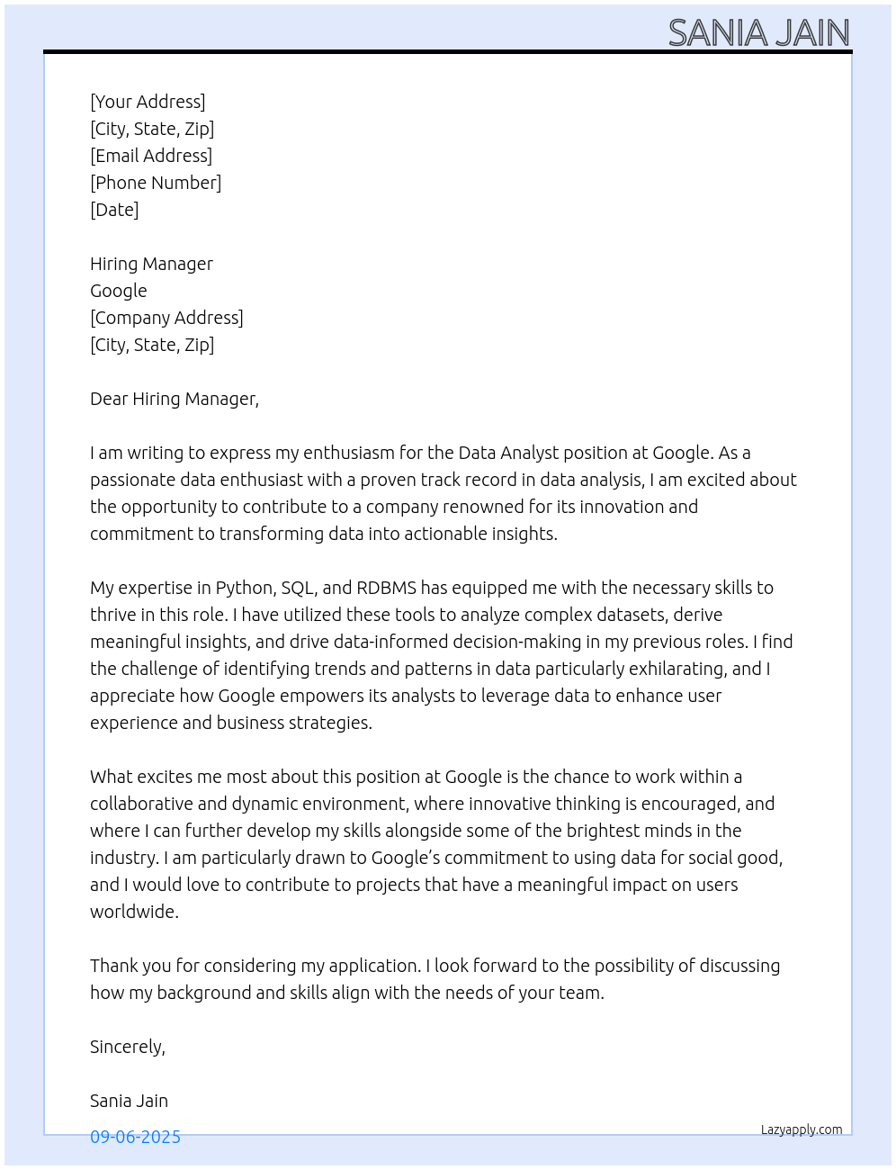Data analyst At Google Cover Letter