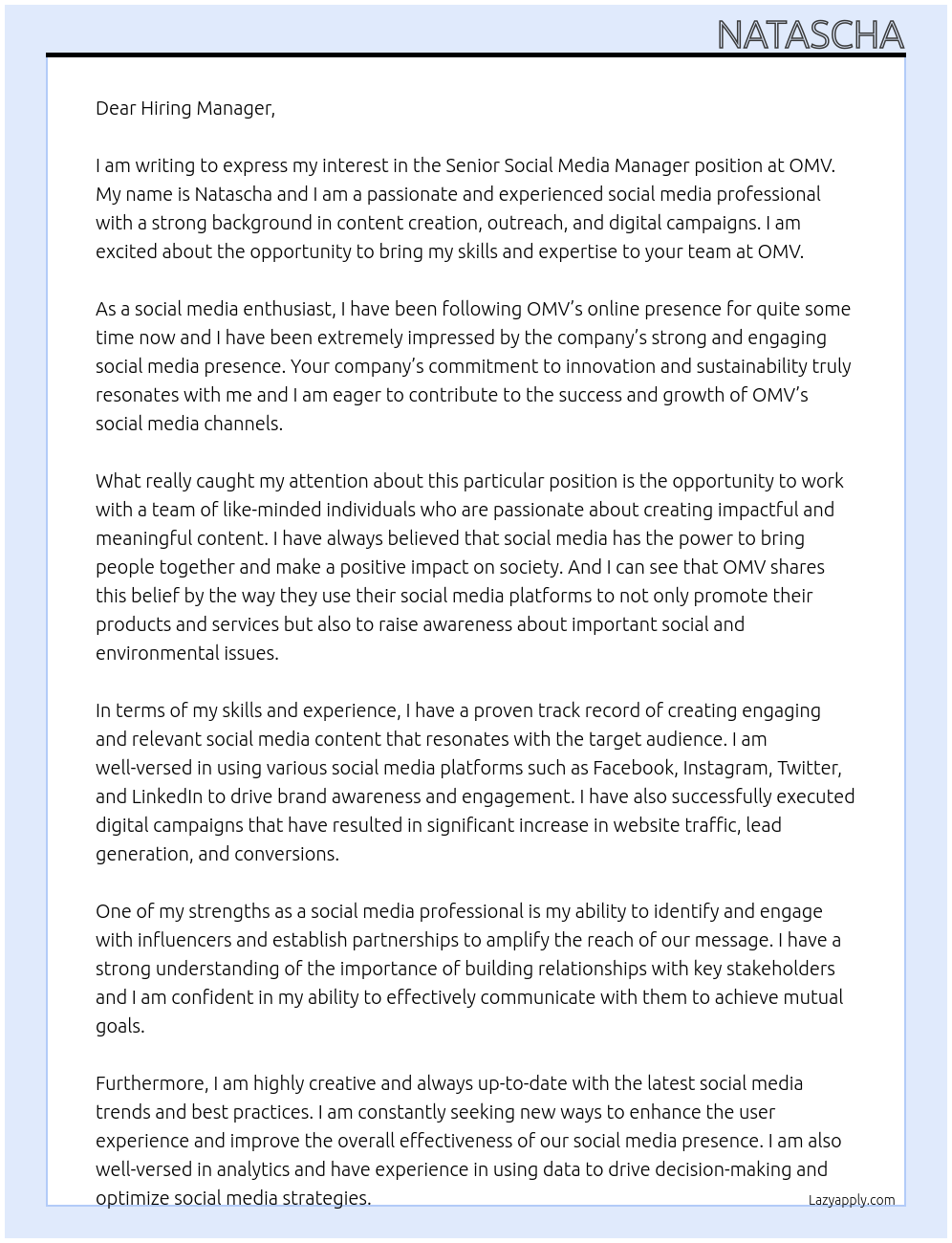 Cover letter for senior social media manager - LazyApply
