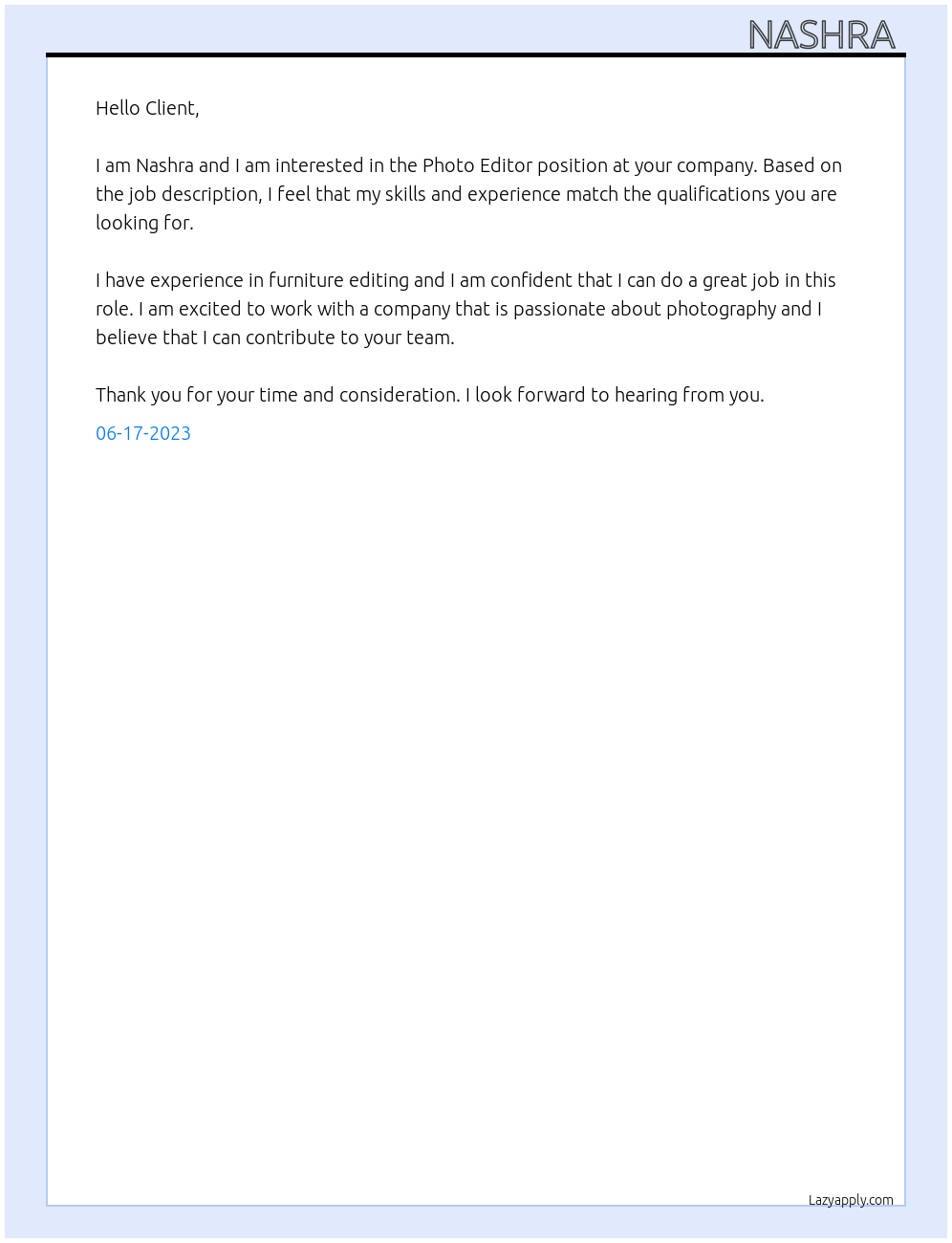 Photo Editor At Client Cover Letter