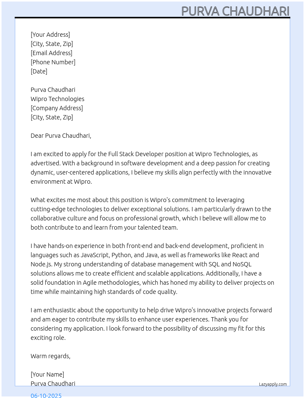 full stack developer At purva chaudahri Cover Letter