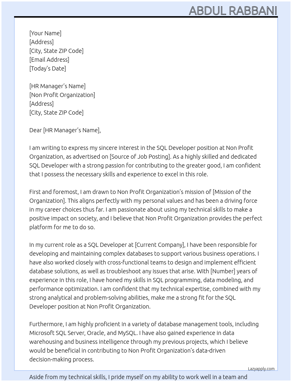SQL Developer At Non Profit Organization Cover Letter