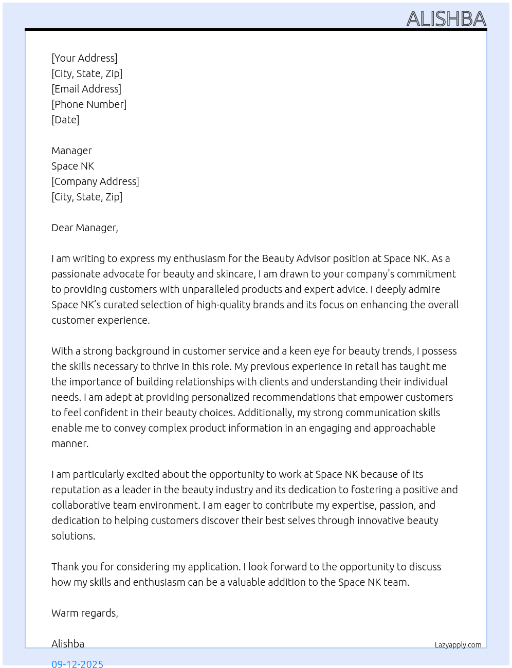 Beauty advisor At Space NK Cover Letter