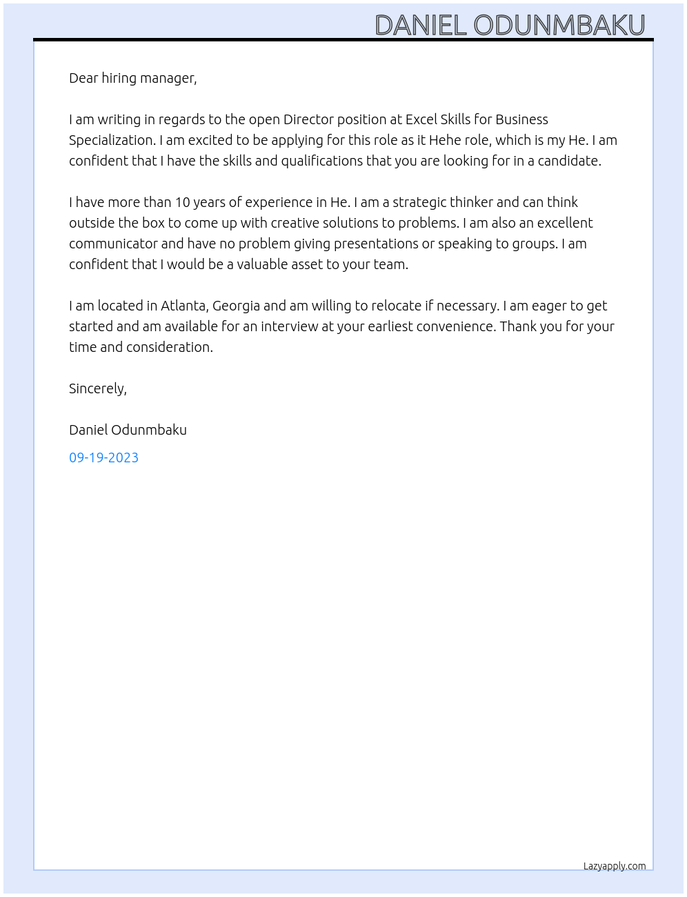 Director At Excel Skills for Business Specialization Cover Letter