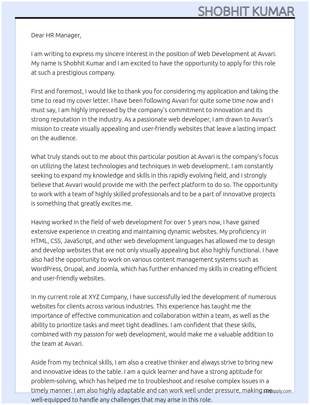 Web Development At Avvari Cover Letter
