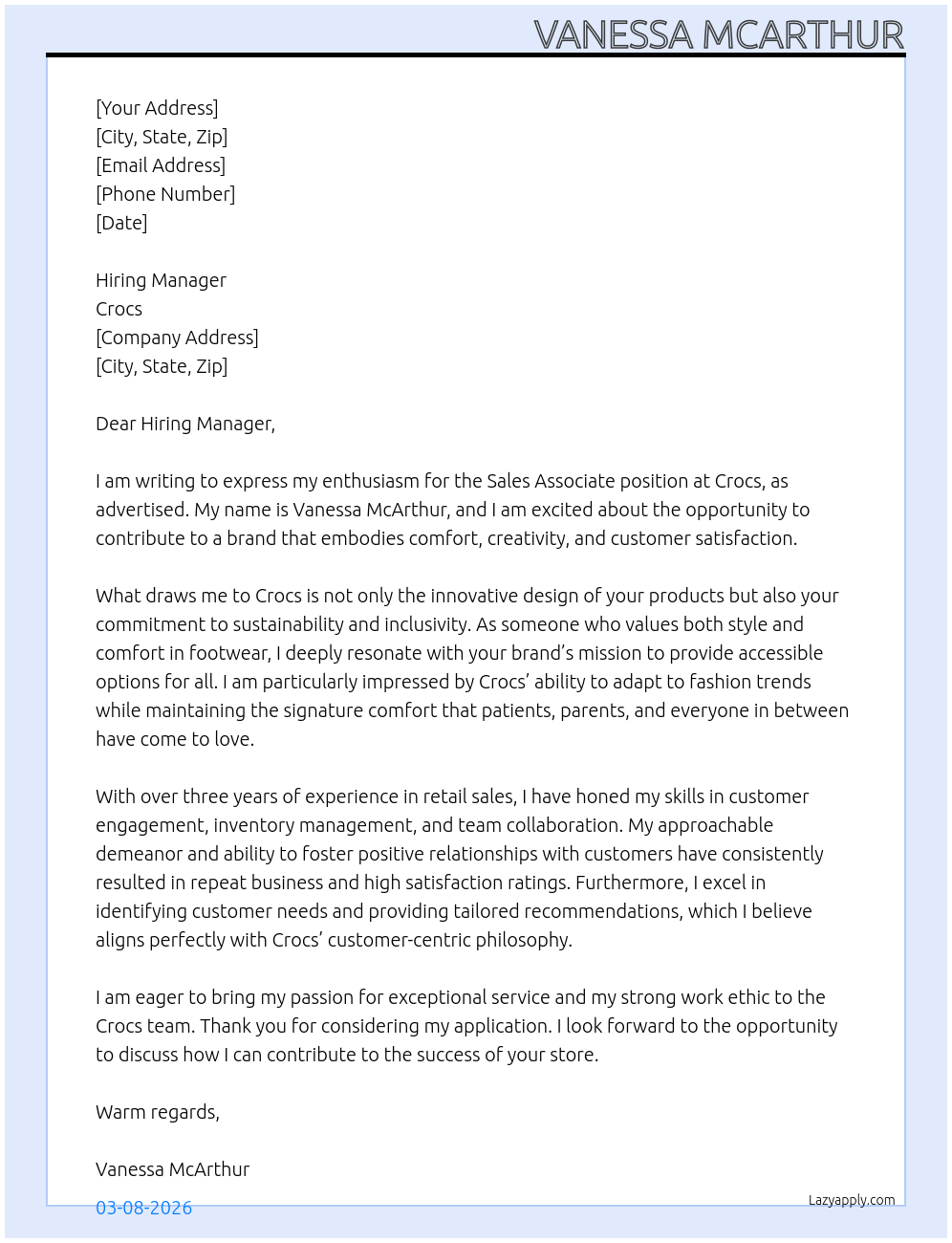 Sales associate  At Crocs  Cover Letter