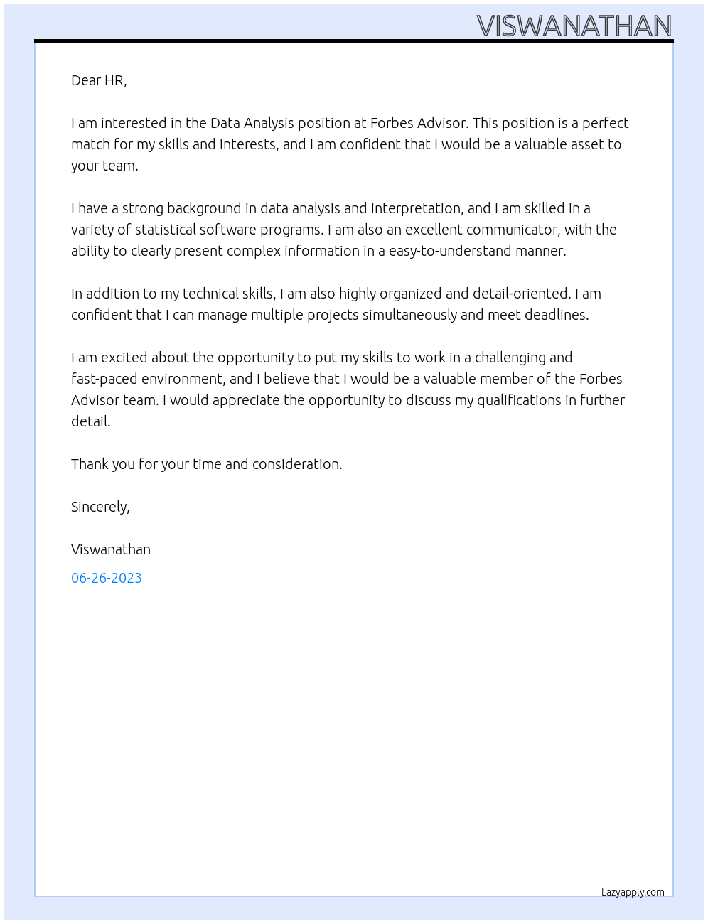 Data Analysis At Forbes Advisor Cover Letter