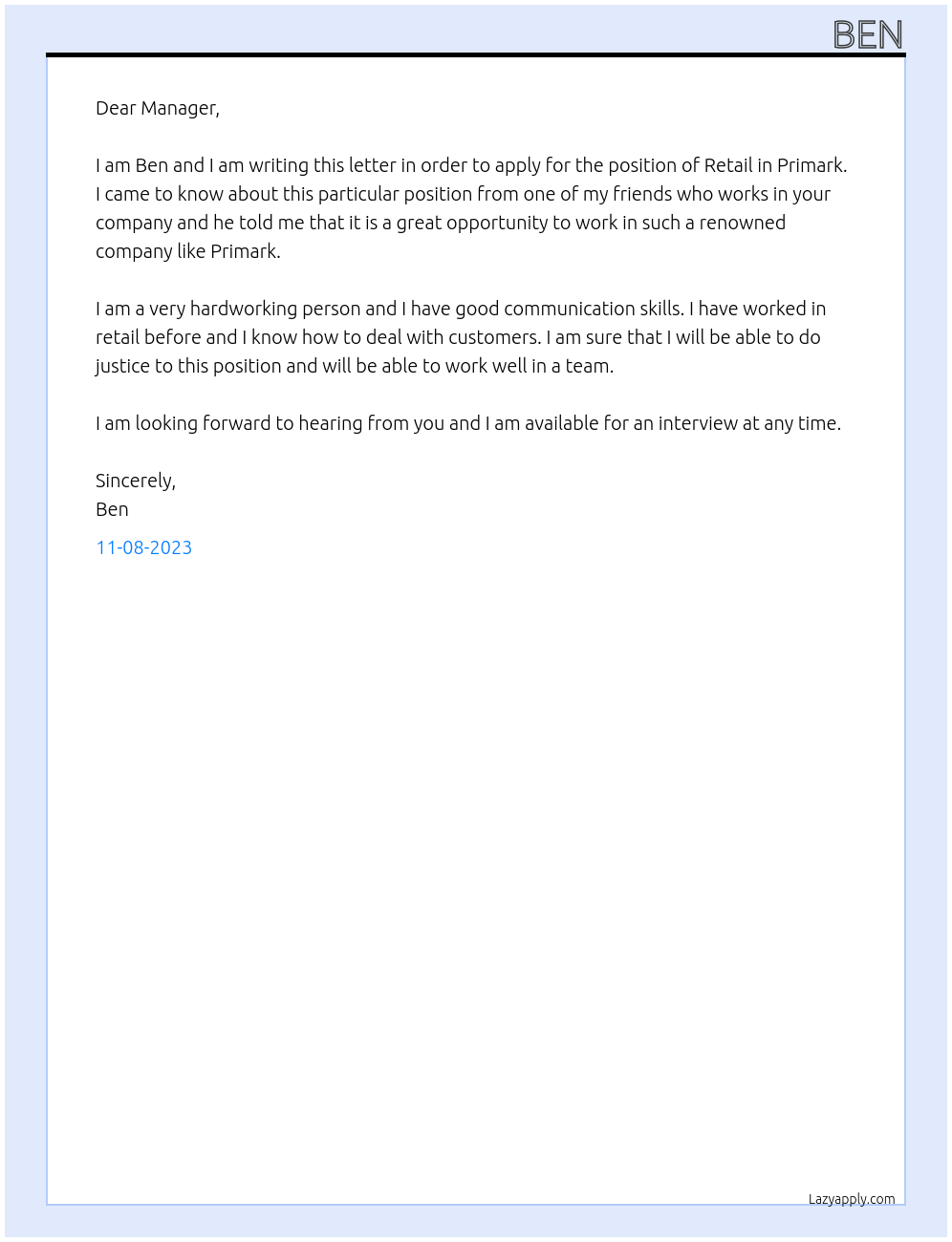 Retail At Primark Cover Letter