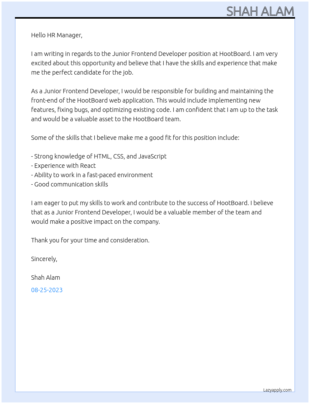 Junior Frontend Developer At HootBoard Cover Letter