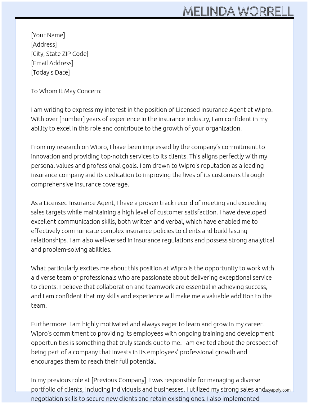Licensed Insurance Agent At Wipro Cover Letter