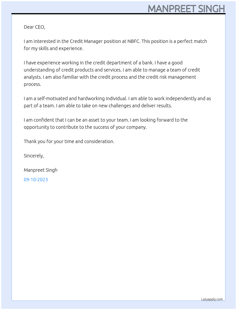 Credit Manager At NBFC Cover Letter