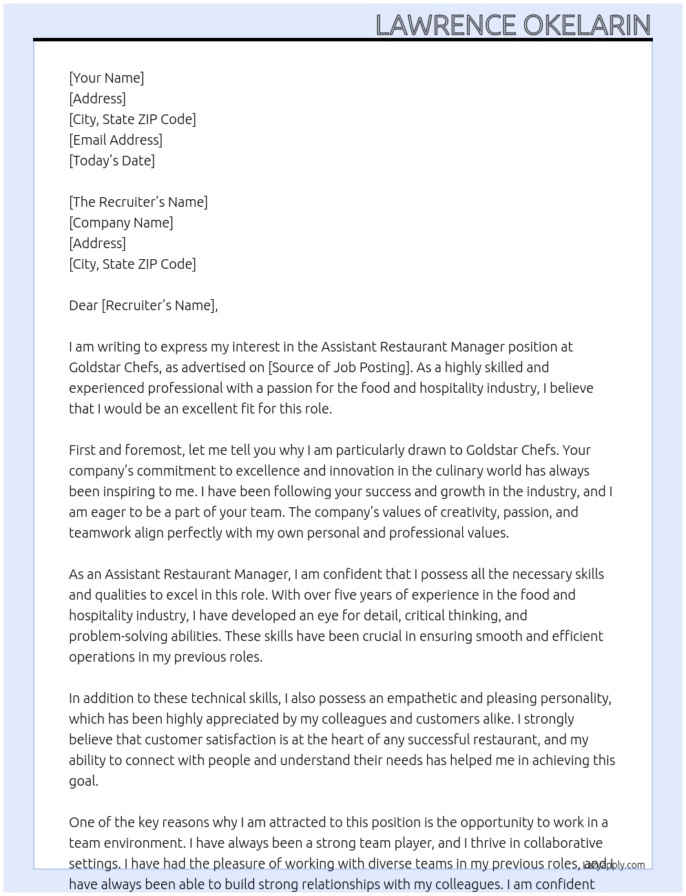 Assistant Restaurant manager At Goldstar Chefs Cover Letter