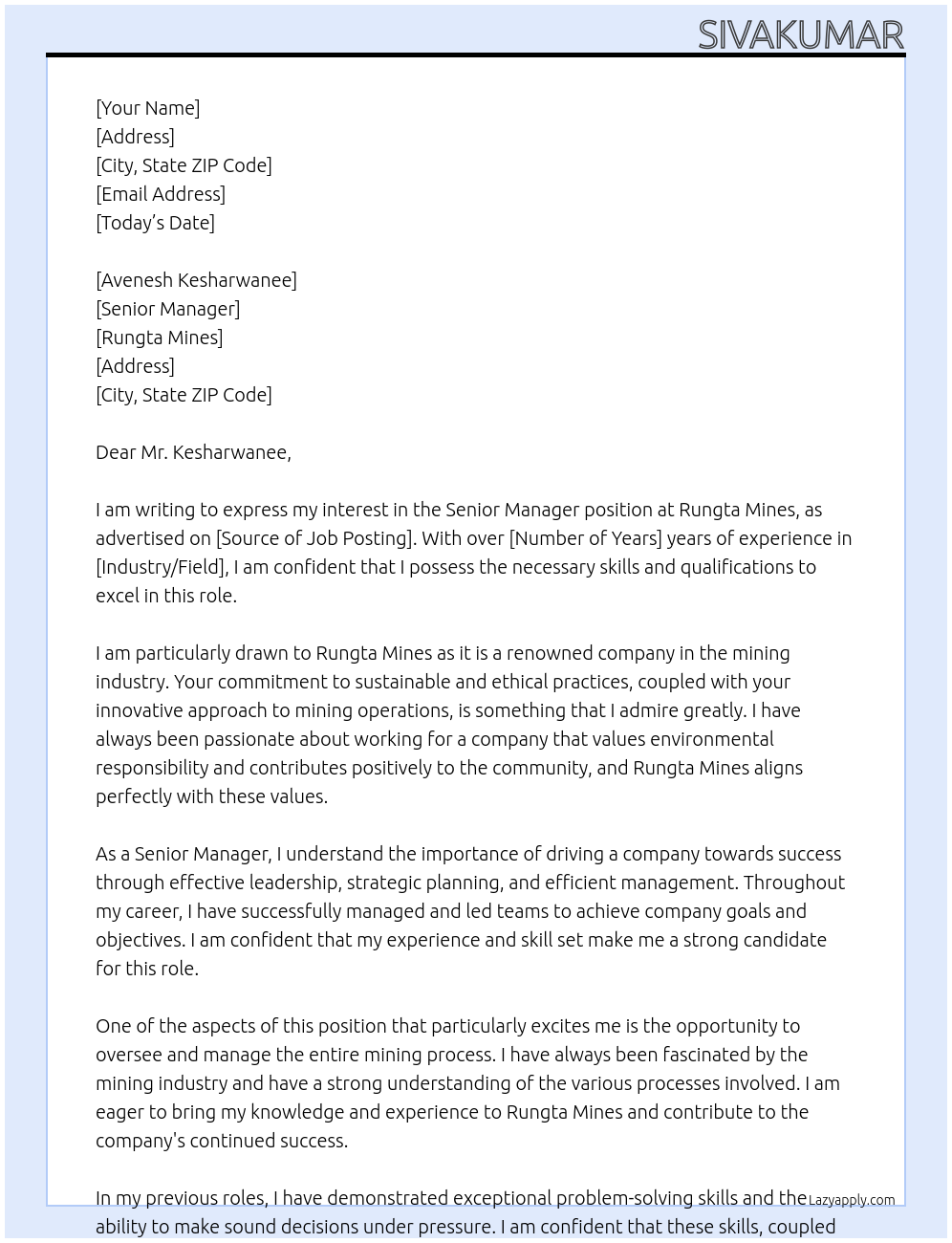 Sr manager At Rungta Mines Cover Letter