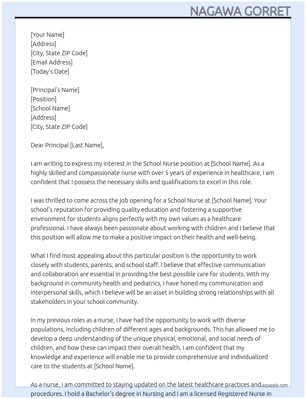 school nurse At school Cover Letter