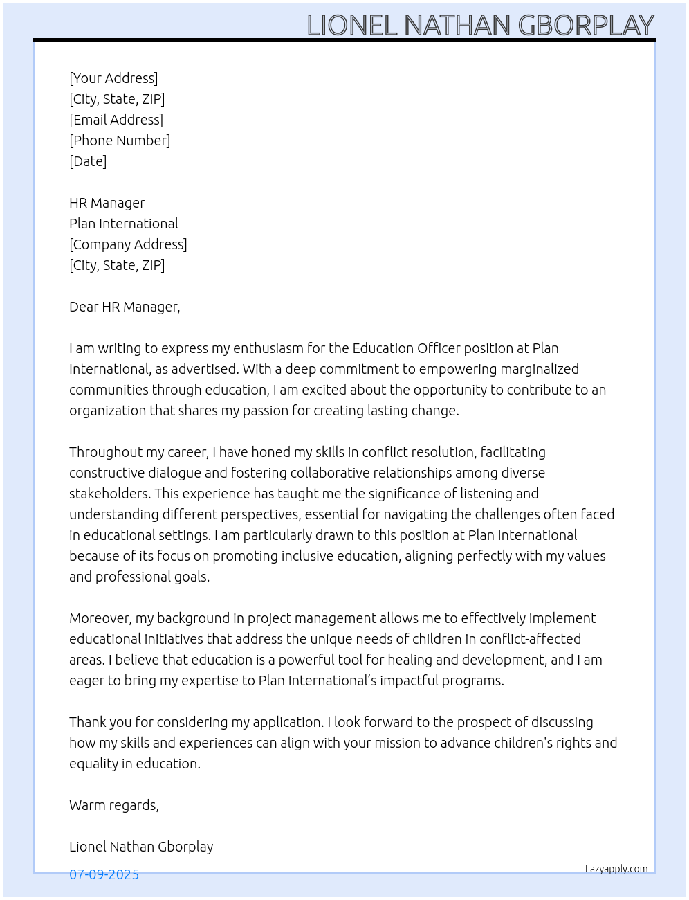 Education Officer At Plan International  Cover Letter