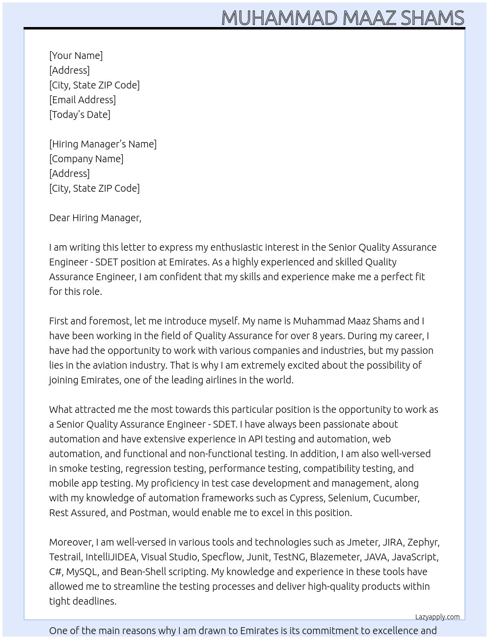 Cover letter for senior quality assurance engineer - sdet - LazyApply