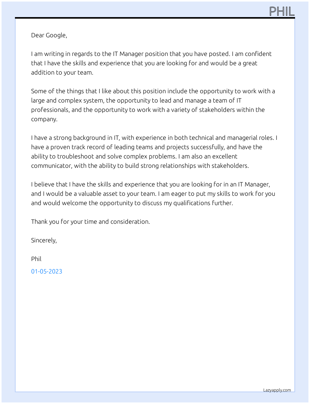 it manager At google Cover Letter