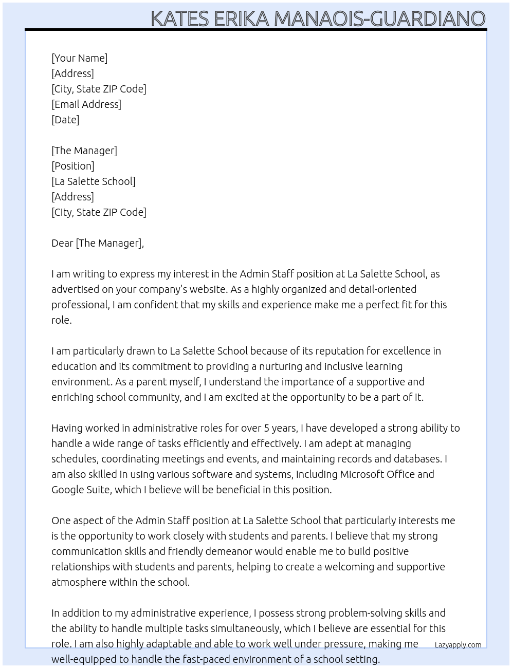 Cover letter for admin staff - LazyApply