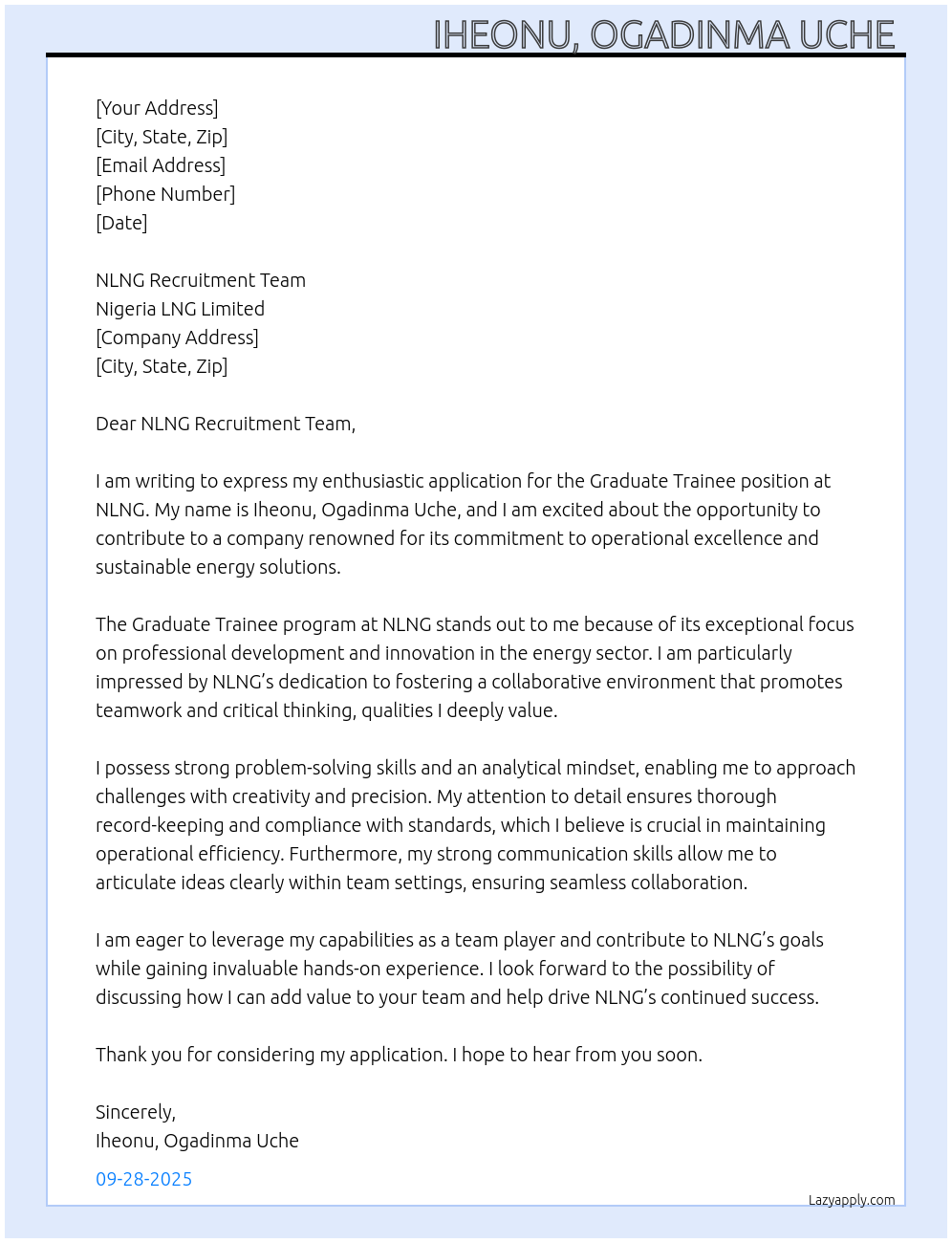 Graduate trainee At NLNG Cover Letter