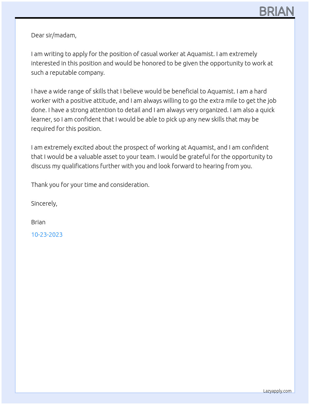 casual worker At Aquamist Cover Letter