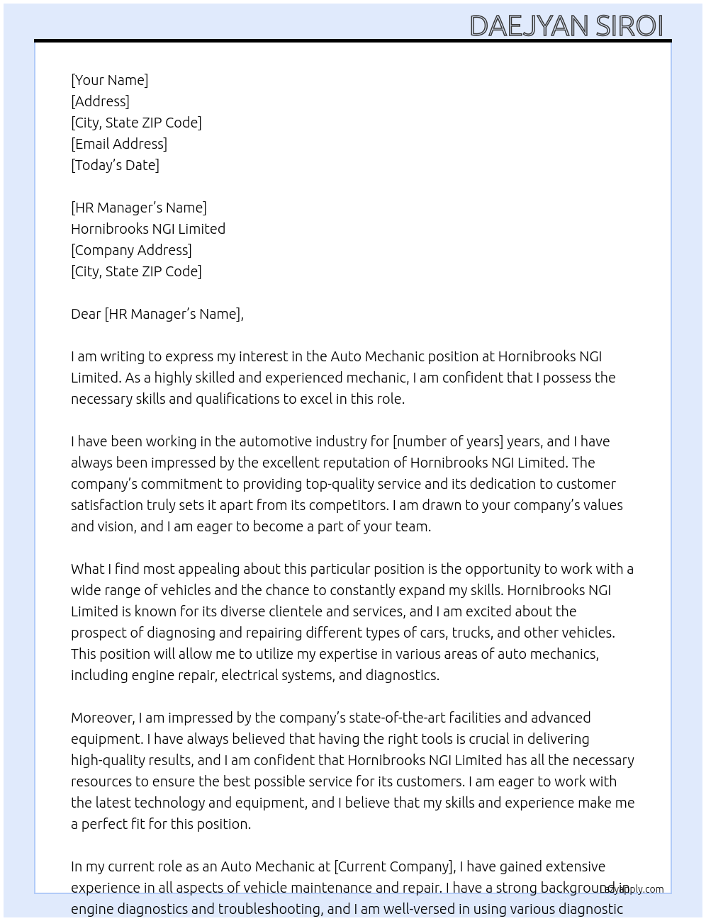 Auto mechanic At Hornibrooks NGI limited Cover Letter