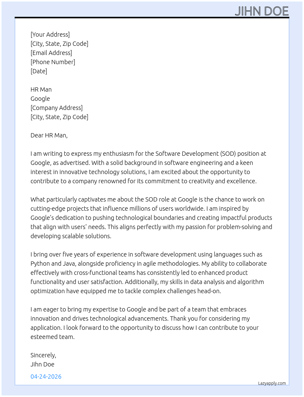 sod At google Cover Letter