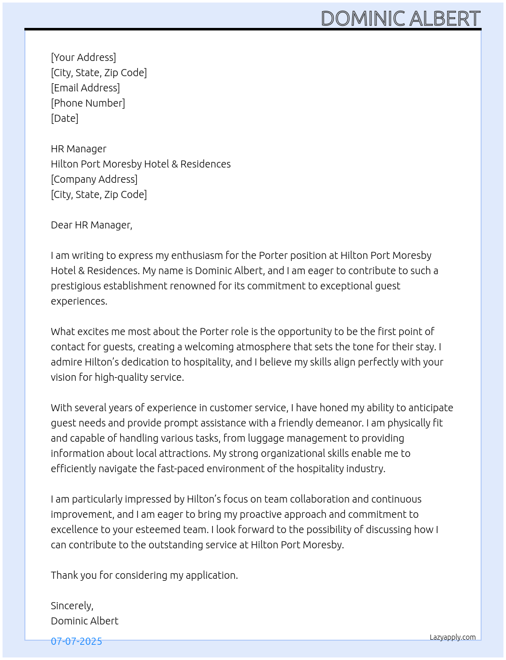 Porter At Hilton Port Moresby Hotel & Residences Cover Letter