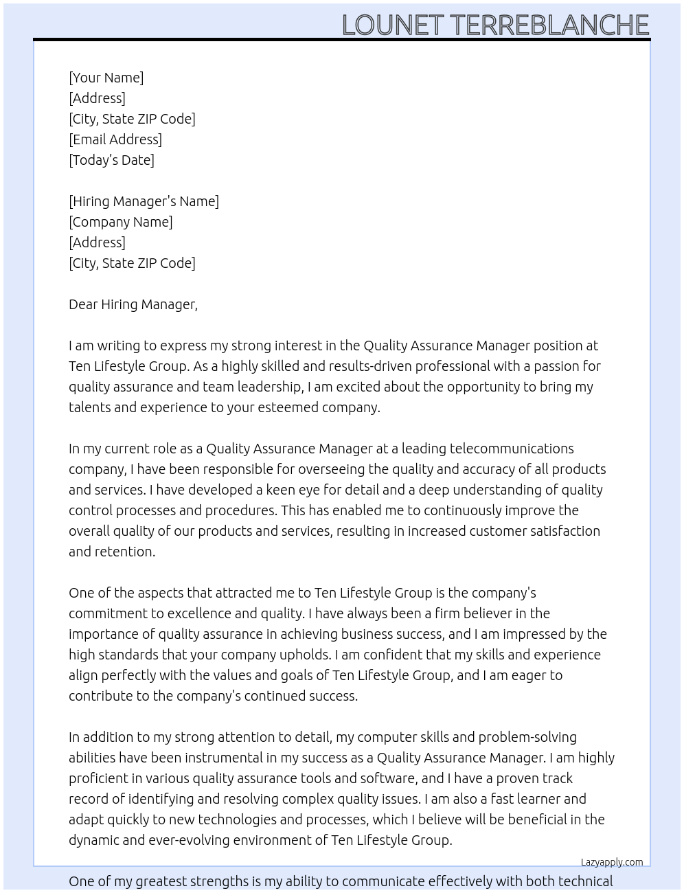 Quality Assurance Manager At Ten Lifestyle Group Cover Letter