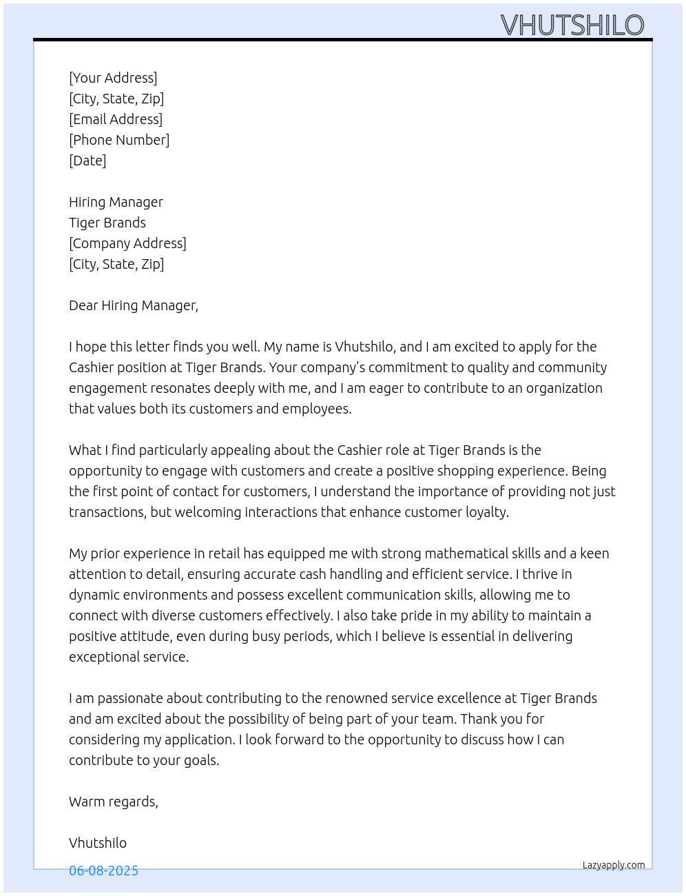 Cashier At Tiger brands ⁹ Cover Letter